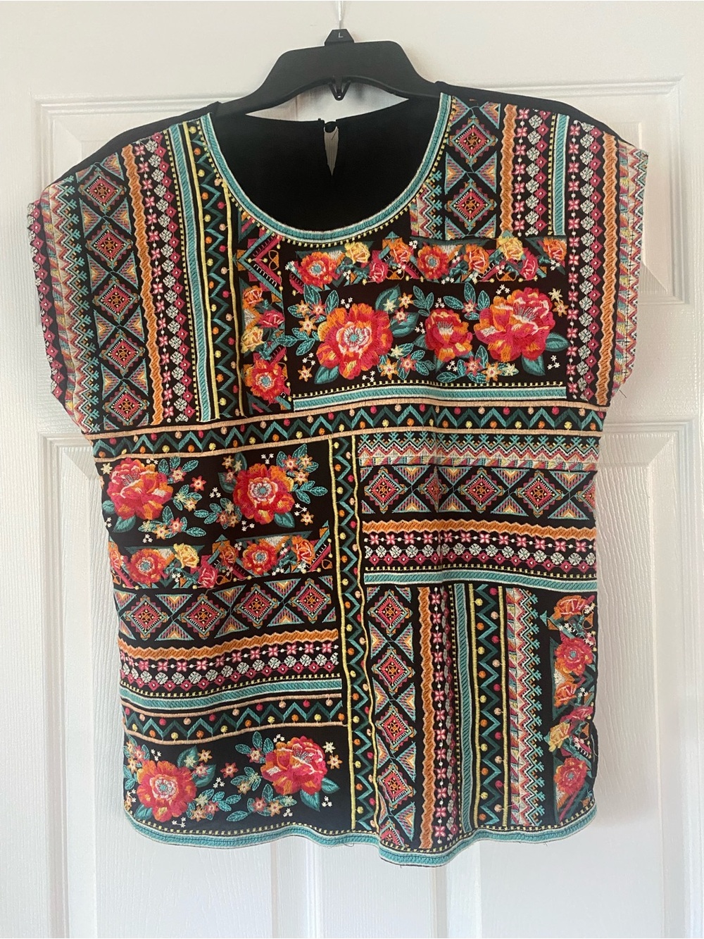 ELF Black Short Sleeve Embroidered Patchwork Top with Red and Teal Accents